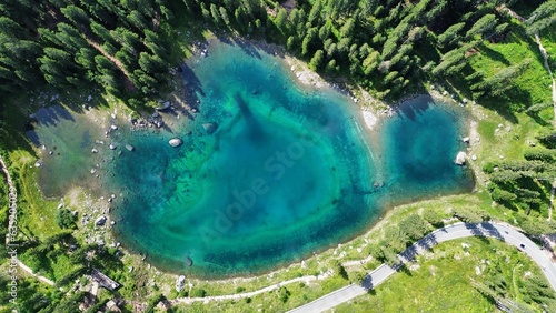 drone photo Carezza lake, lago di carezza dolomites italy europe