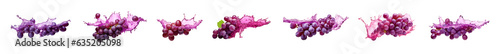 Fresh organic grape with juice splash set on transparent background. grape splash png bundle