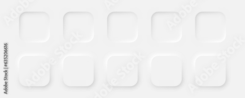 Square buttons in a neomorphic style on a white background. A set of user interface design elements. Vector EPS 10.