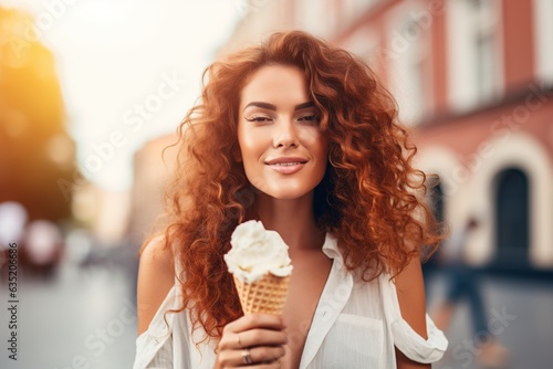 young white american model holding an ice cream, posing in front of the camera