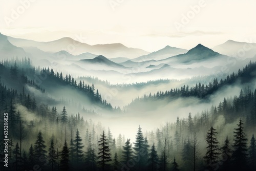 Pine tree landscape shot with fog in background