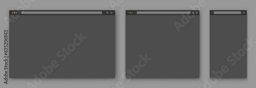 A set of gray browser windows of different shapes on a dark background. Website layout with search bar, toolbar and buttons. Vector EPS 10.