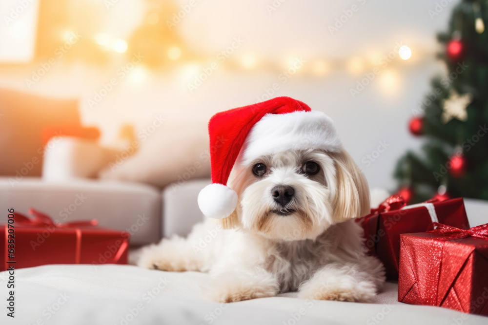 Portrait of cute dog on cosy sofa at home, celebrating Christmas holidays wearing a red Santa Claus hat. Decorated Christmas tree and Christmas lights in background. Portrait of cute dog on cosy sofa at home, celebrating Christmas holidays wearing a red Santa Claus hat. Decorated Christmas tree and Christmas lights in background.
