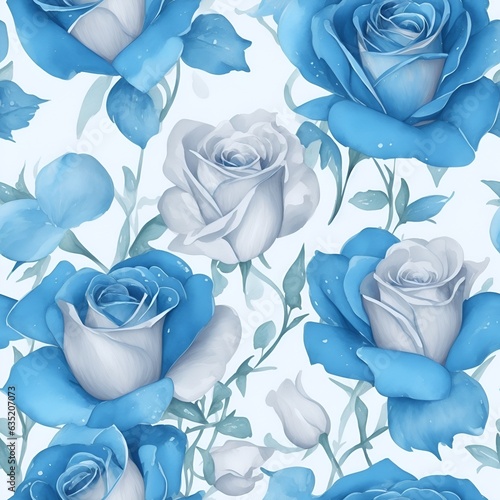 Light Blue Roses pattern. Watercolor floral pattern, tiles. White Background.