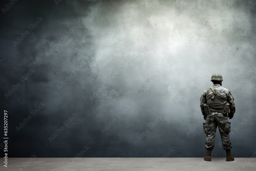 Fototapeta premium War Hero Graphic Resource: Dark Gray Grunge Backdrop with Soldier in War Gear Generative AI