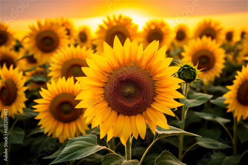 Field of yellow sunflowers flowers. Sunflower sways in the wind. Beautiful fields with sunflowers in the summer in rays of bright sun. Crop of crops ripening in field © Elena