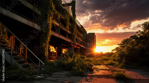 Abandoned industrial building, overgrown with greenery, urban exploration, contrasting nature and man - made structures, dramatic sunset lighting