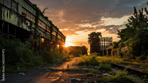 Abandoned industrial building, overgrown with greenery, urban exploration, contrasting nature and man - made structures, dramatic sunset lighting