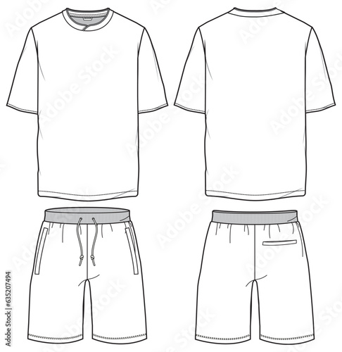 Mens T Shirt and short set flat sketch illustration front and back view, Set of short sleeve t shirt casual wear fashion illustration drawing template mock up