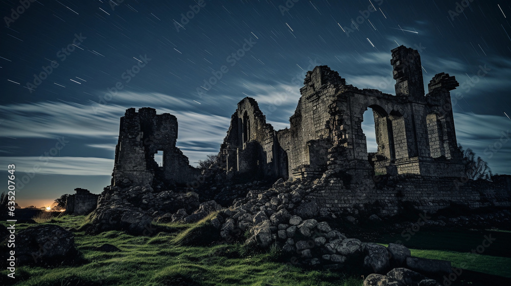 Ghostly ruins under a star - filled sky, remnants of an old castle, long exposure, enigmatic and eerie