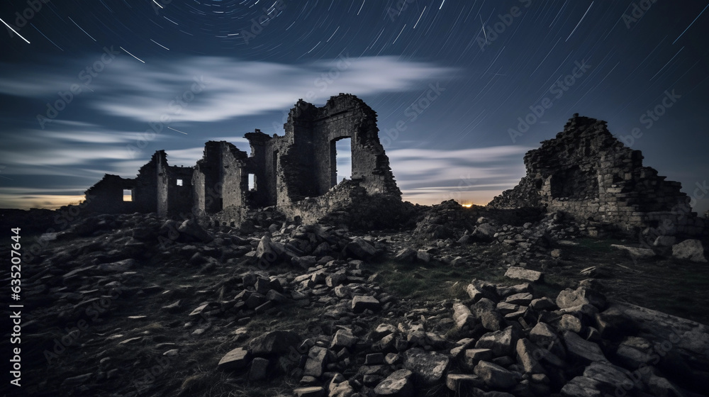 Fototapeta premium Ghostly ruins under a star - filled sky, remnants of an old castle, long exposure, enigmatic and eerie