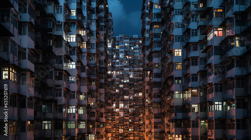 Elevated urban landscape of a crowded Hong Kong apartment block, compact living spaces stacked high, dusk light
