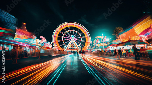 carnival at night, ferris wheel in motion, laughter and joy in the air, vibrant colors photo