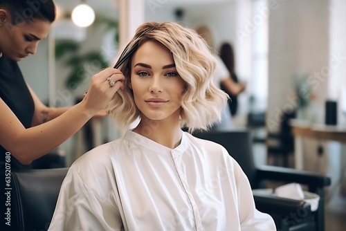 a beautiful blonde model at the hair salon