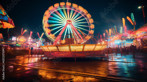 carnival at night, ferris wheel in motion, laughter and joy in the air, vibrant colors