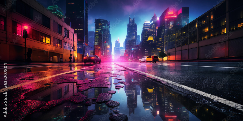 Neo - noir cityscape under full moon, towering skyscrapers bathed in neon colors, light trails from traffic, reflections on wet pavement