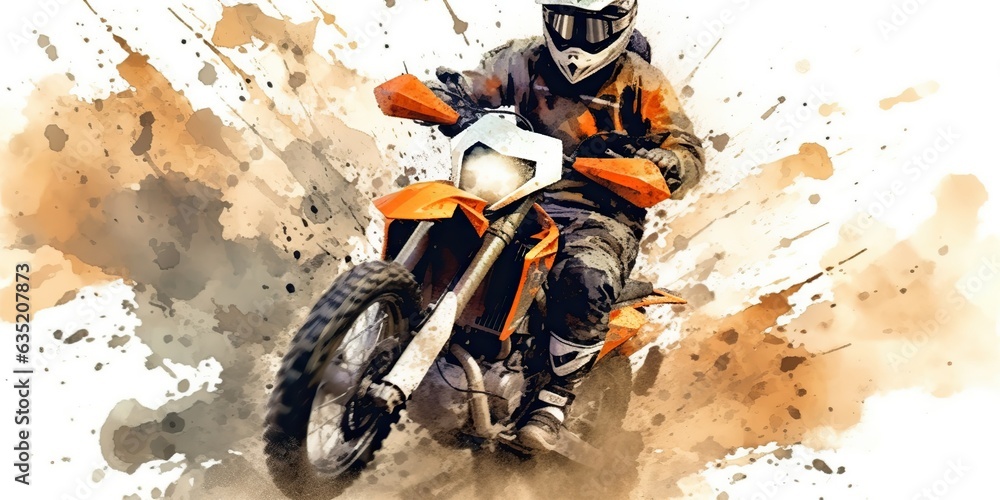 AI Generated. AI Generative. Enduro moto cross offroad motorbike motorcycle dirty road outdoor watercolor paint draw art. Graphic Art AI Generated. AI Generative. Enduro moto cross offroad motorbike motorcycle dirty road outdoor watercolor paint draw art. Graphic Art