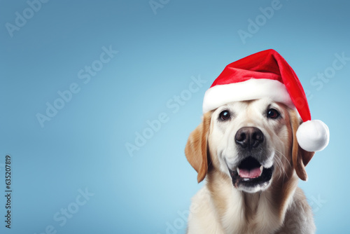 Portrait of cute dog on soft blue background celebrating Christmas holidays wearing a red Santa Claus hat 