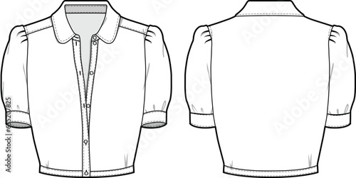 Women's Cropped Shirt Blouse flat sketch fashion illustration, Short sleeve shirt for girls and ladies template mock up