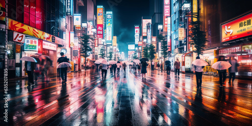 bustling Tokyo district, neon lights reflecting off wet streets, anonymous crowd in motion blur