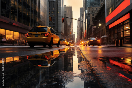 New York City streetscape at dawn, vibrant colors reflecting off of the wet pavement from a recent rain shower, Taxi in the foreground, skyscrapers in the background