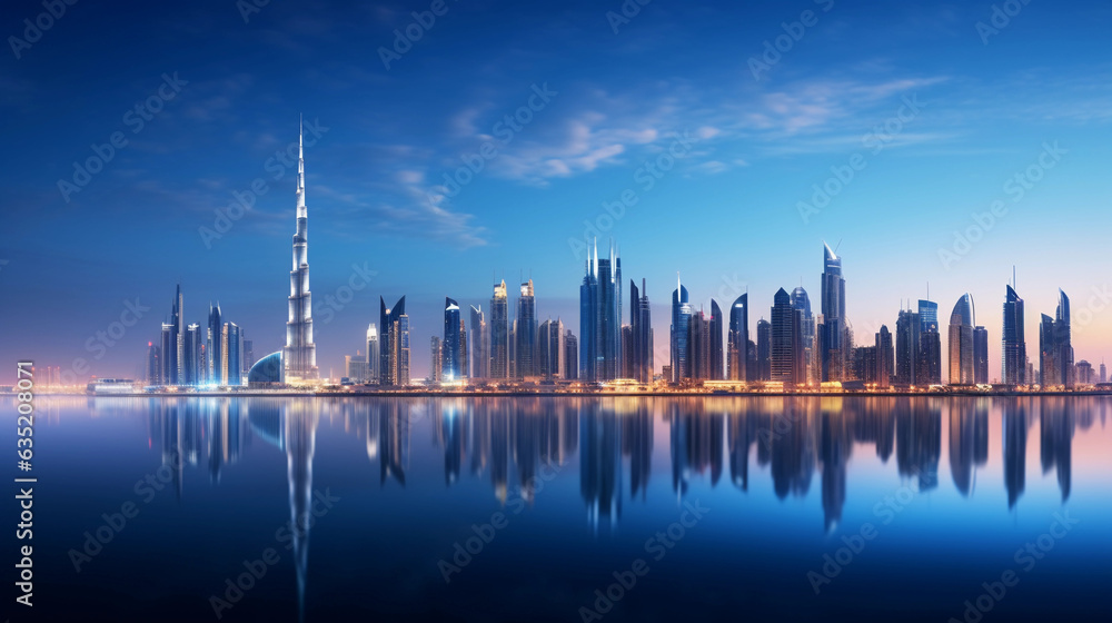 Obraz premium Stunning cityscape of Dubai, showcasing the juxtaposition of traditional architecture and modern skyscrapers at twilight