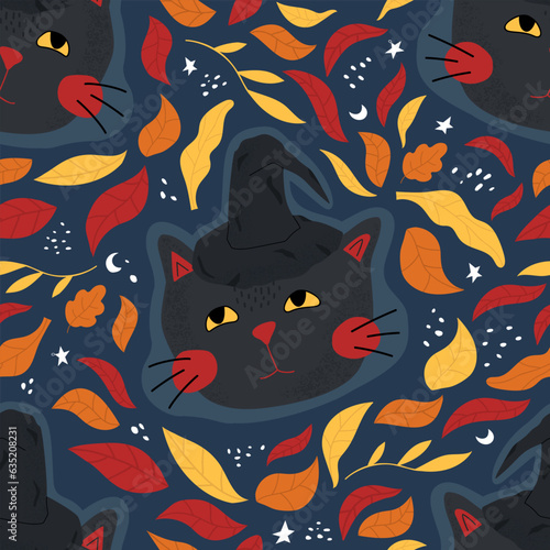 Seamless vector pattern with a black cat in a witch hat and fall leaves. Colorful flat illustration for Halloween.