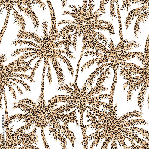 Palm seamless pattern. Leopard print. Repeated palm trees patern. Silhouette coconut tree. Animal spot modern background. Repeating design. Summer prints. Repeat coconuts palmtree. Vector illustration