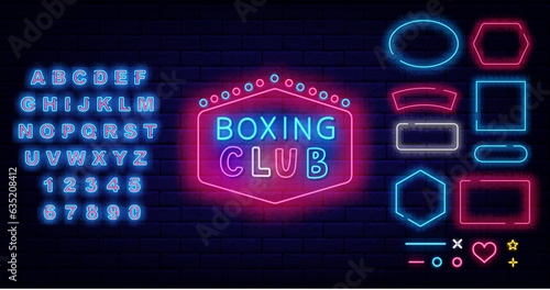 Boxing night neon label. Power sport. Vintage frame on brick wall Fight club. Editing text. Vector stock illustration