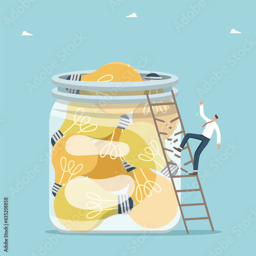 Loss of creativity or investment, risky innovations or business-ideas, wrong business strategies lead to financial ruin, difficulty in solving problems, man falls ladder leading to jar of light bulbs.