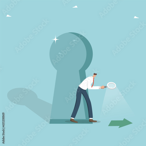The secret key to discovering new opportunities, ways and methods to achieve great success and win in business, the path to goals, man leaves the keyhole and follows the arrow with a magnifying glass.