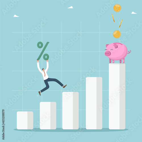 Increase in profits from investment deposit or securities, favorable interest on loan to open business, increasing savings and creating deposit boxes, man runs with interest on schedule to piggy bank.