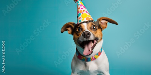 AI Generated. AI Generative. Cute funny dog pet in birthday party hat celebration. Can be used for lovely pet holiday