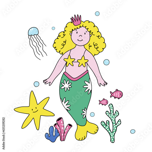 Beautiful vector stock illustration with cute hand drawn mermaid. Clip art.