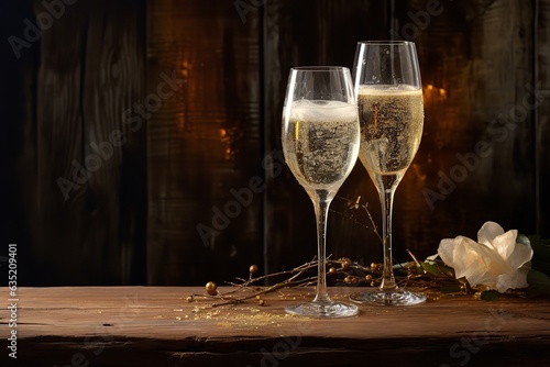 Two filled glasses of champagne with a cozy background