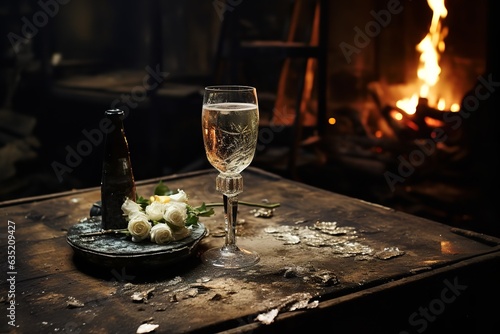 The lonely hermit. A filled glass of champagne on a dusty table, fireplace in the background.