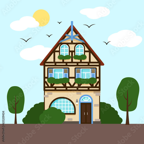 Half timbered house with garden.
Traditional european building. Vector flat illustration of landscape with fachwerk cottage.