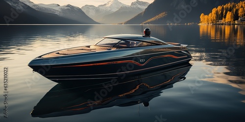 AI Generated. AI Generative. Expensive rich new modern future rocket style motor speed boat yacht ship. Nautical marine sea ocean vacation transport. Graphic Art © AkimD