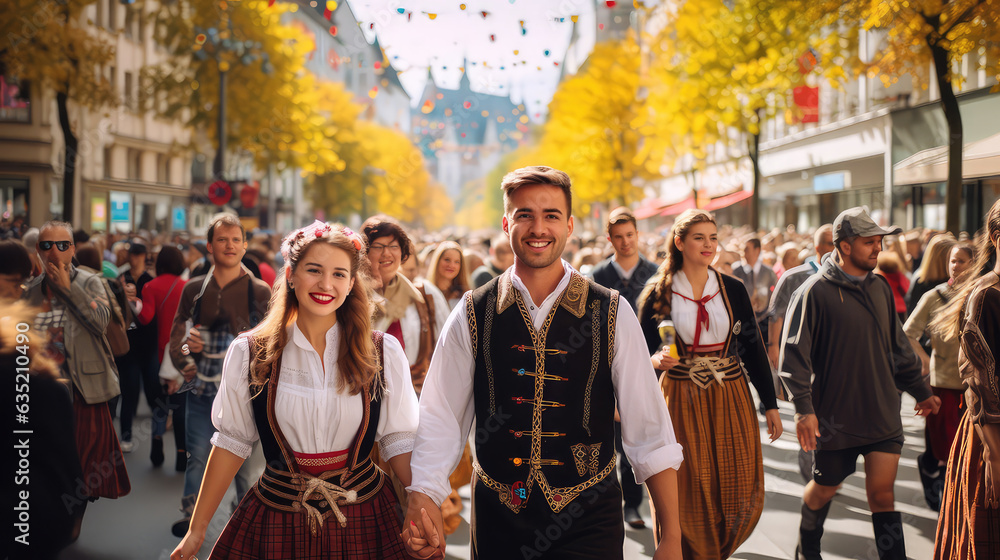 Obraz premium Young German couple wearing traditional clothes at October Fest parade in Germany