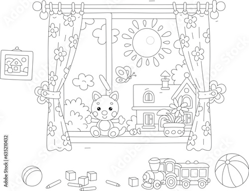 Funny toys in a nursery room with a window, curtains and a sunny summer landscape in a background, black and white outline vector cartoon illustration for a coloring book
