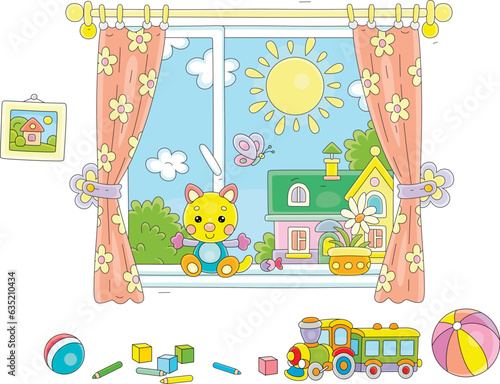 Funny toys in a nursery room with a window, curtains and a sunny summer landscape in a background, vector cartoon illustration isolated on white
