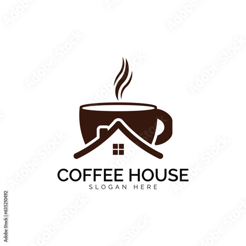 Professional house with hot coffee and cup logo design Vector template