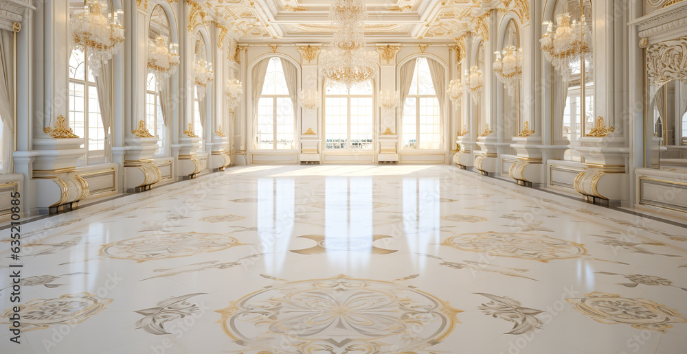A realistic fantasy white gold marble interior of the royal palace ...