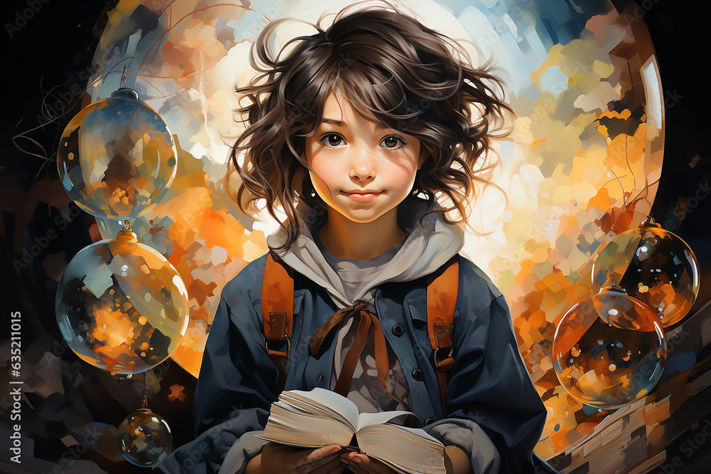 A boy, a schoolboy, is reading a book against an abstract fantasy background. AI generation