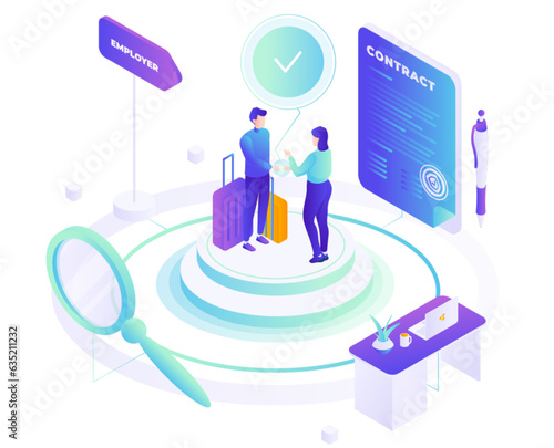 Immigration scene vector illustration with migrant worker and customs officer