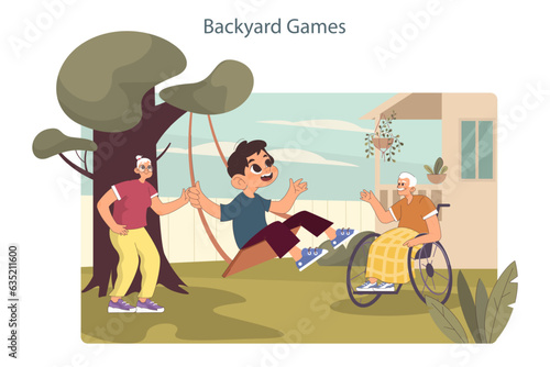 Little boy playing on the backyard. Child enjoying summer holidays with grandparents