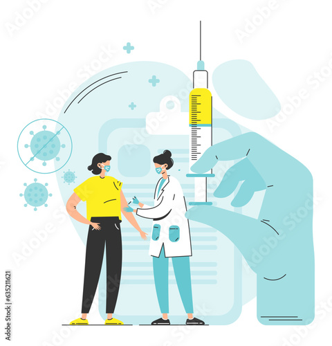 Vaccination scene vector illustration with doctor putting injection