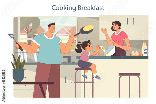Family time. Parents and daughter cooking. Family making breakfast