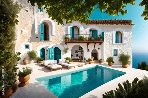 Mediterranean white house with pool on hill with stunning sea view. Summer vacation background © Ahtesham