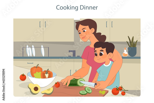 Family time. Mother and son cooking. Family making dinner in the kitchen
